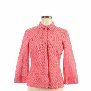 Sigrid Olsen Pink Orange Knitted Cotton Button-Up Eyelet Shirt Blouse Size Med